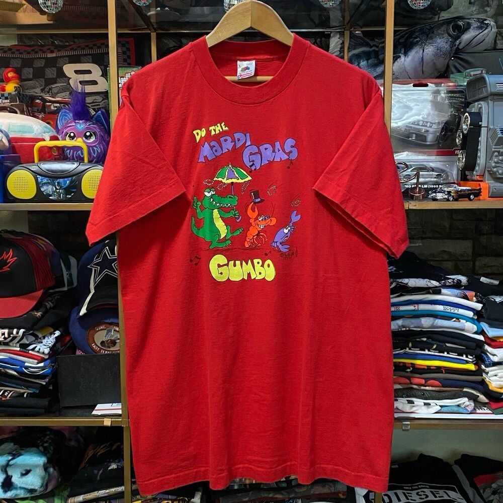 Vintage 90s Do The Mardi Gras Gumbo T-Shirt Red Fruit of the Loom USA Large 1993